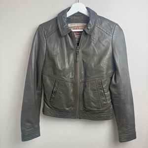 Chevignon Womens Vintage Leather Jacket Olive Grey Full Zip Moto Biker Size Med